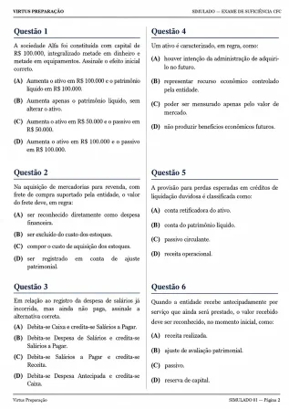Página com as primeiras questões do simulado